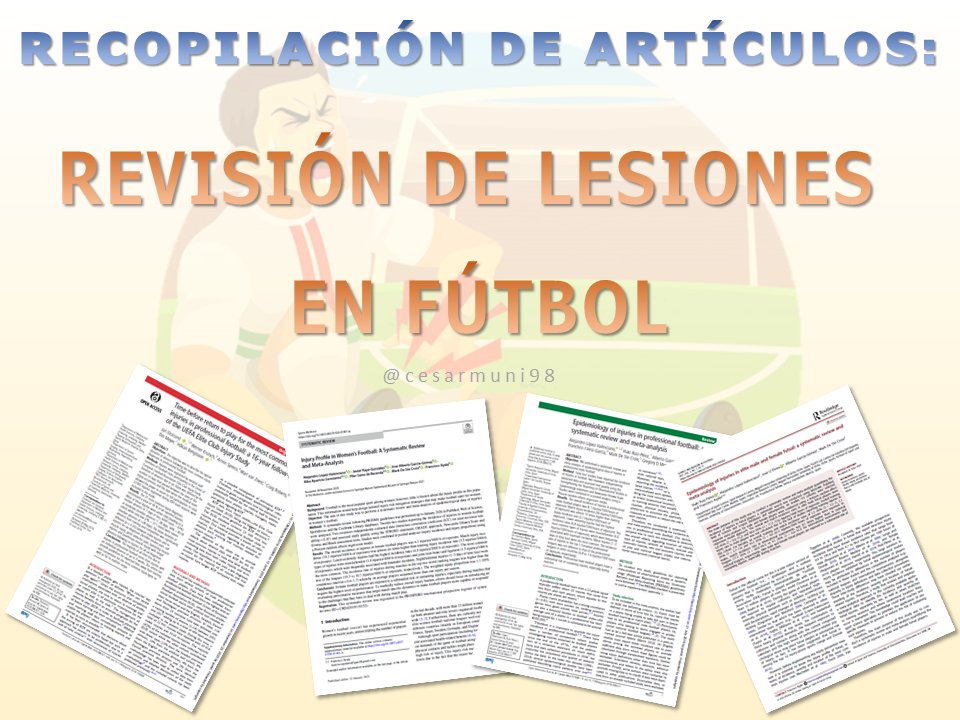 cesarmuni98's tweet photo. 🤗RECOPILACIÓN DE ARTÍCULOS🤗

🤔¿Quieres saber más acerca de la epidemiología de las lesiones en el fútbol? Factores de riesgo, Return to play, perfil lesional...

📚Comparto 10 artículos de revisión actuales sobre esta temática

Solo tienes que:
🔁RT
📩Escribir tu correo https://t.co/diwqonZgle
