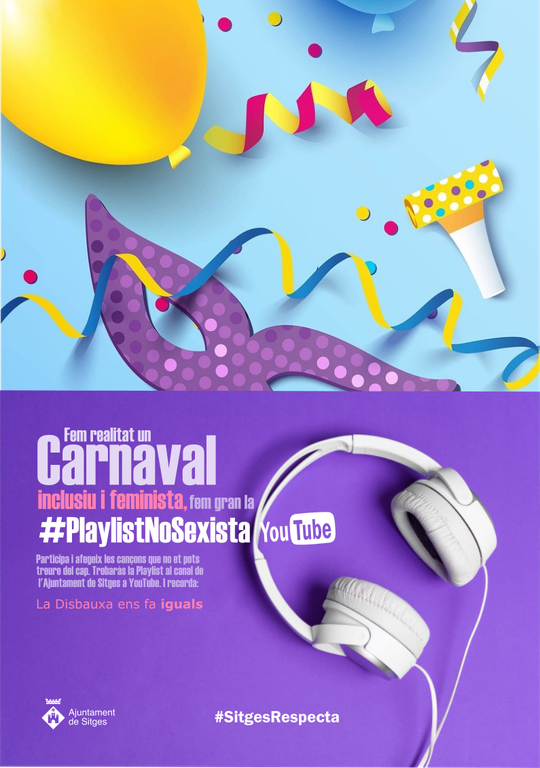 AjSitges's tweet photo. ℹ️Participa en la #PlaylistNoSexista i fem realitat un @SitgesCarnaval inclusiu i femenista.
👉Col·laborar és molt senzill:
📲Clica a l'enllaç i afegeix les cançons que no et pots treure del cap!
#LaDisbauxaensfaiguals #SitgesRespecta #CarnavalSitges21 #Sitges https://t.co/K9gYA0aRm2