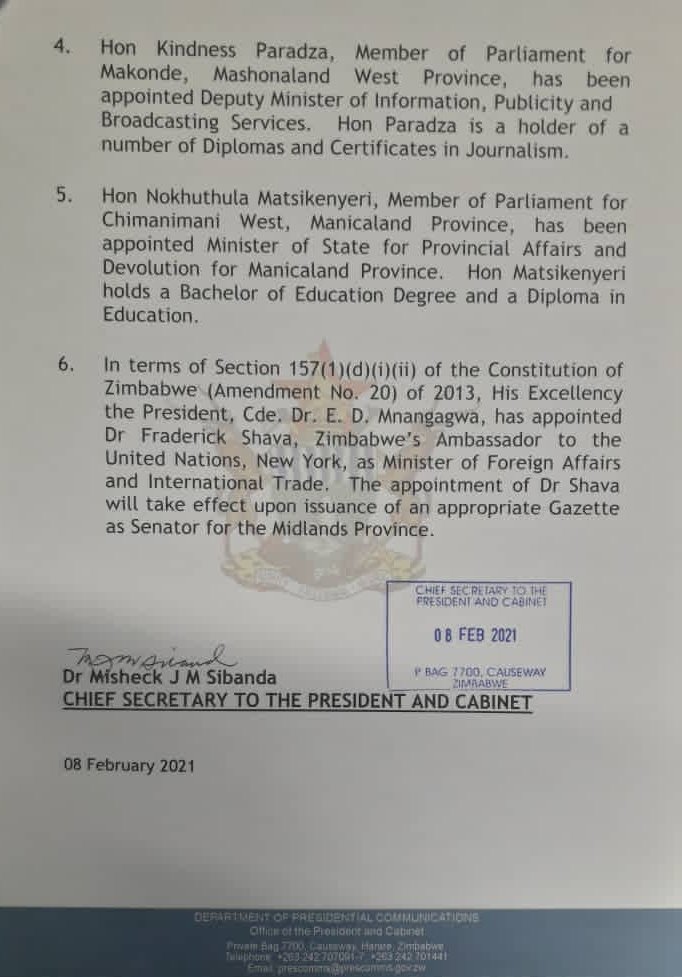 ProfJNMoyo's tweet image. President Mnangagwa has appointed his clansman &amp;amp; longtime sidekick, Frederick Shava, as foreign minister. With this appointment &amp;amp; that of Felix Mhona as transport minister, General Chiwenga is now the only coup soldier remaining in Cabinet, which is now full of Mnangagwa homies!