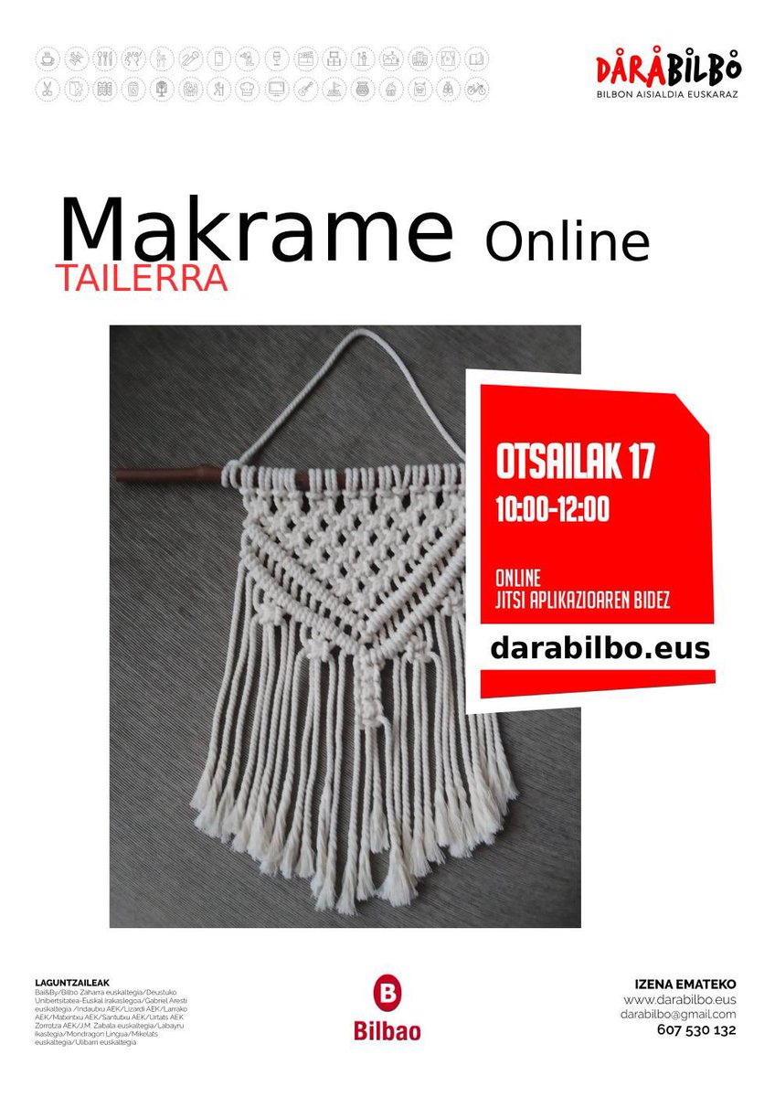 #darabilbo #bilbo otsailaren 17an, 10:00etatik 12:00etara, Makrame tailerra online Jitsi aplkazioaren bidez. Saio bakarra izango da. Materiala, gure lepo. Izenna eman: labur.eus/AvMPl