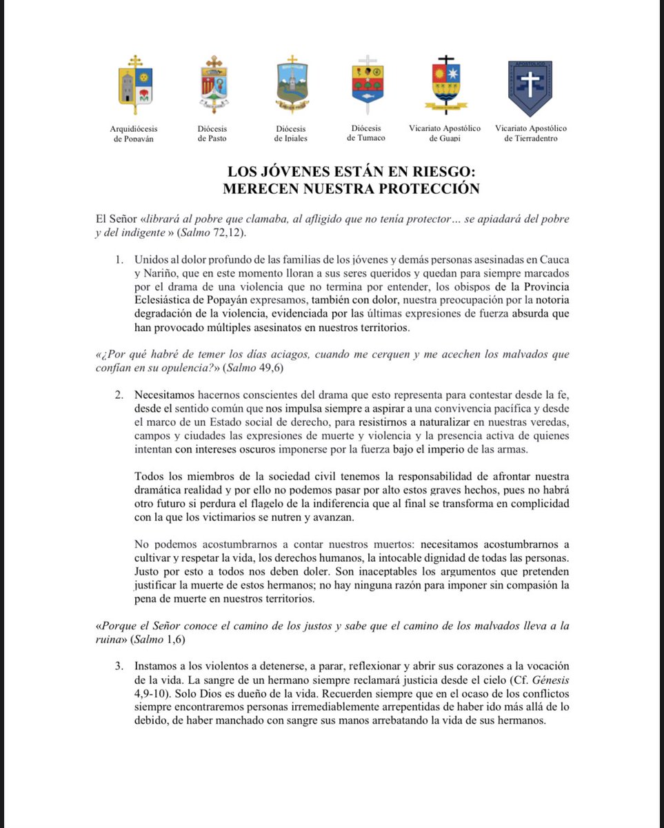 monsejuanc's tweet photo. Los obispos de Cauca y Nariño llamamos a mirar muestras regiones golpeadas por esta absurda violencia que ha cegado tantas vidas. Comparto el texto del comunicado.
@episcopadocol @DiocesisPastoMC @pastoralsocialc @CaracolPasto @EcosdePasto https://t.co/0wKQgWrpUp