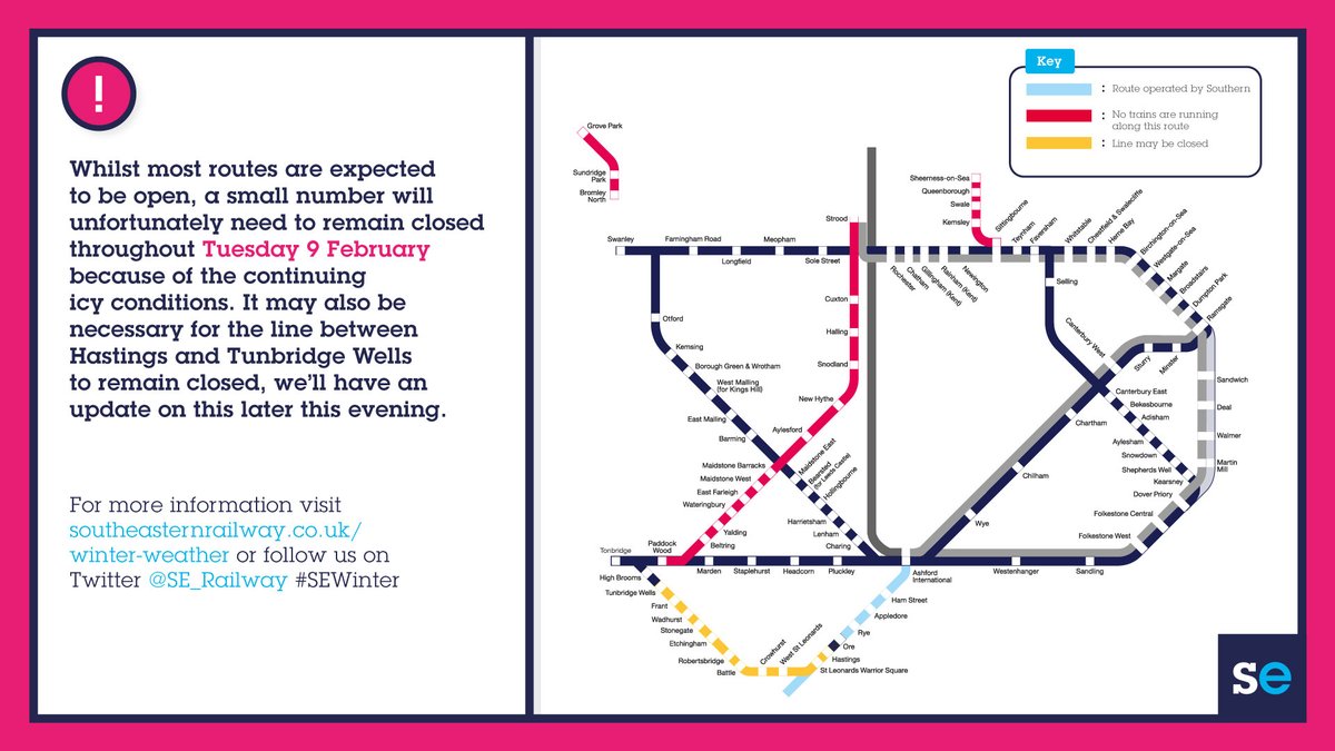Se_Railway's tweet photo. ❄️ #SEWinter

🌨️ As part of the plans for ensuring the tracks are free of ice, some very early morning trains on most routes will be cancelled tomorrow, we'll update journey planners with details as soon as possible.  🚆

Some routes will remain closed tomorrow, details below⬇️ https://t.co/v3Vnp7MfVM