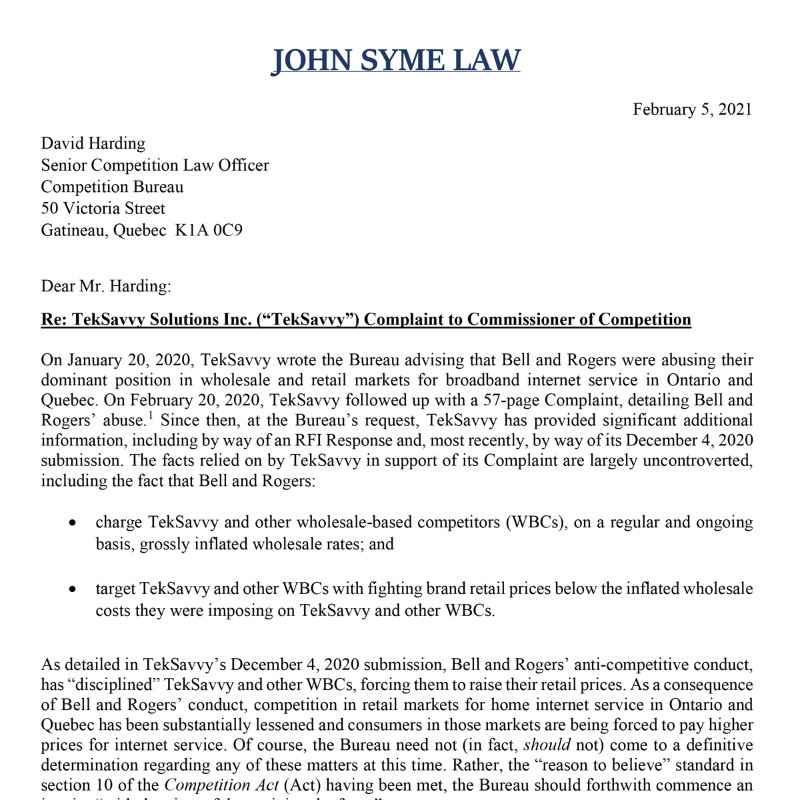 TekSavvyBuzz's tweet photo. ICYMI: Our February 2020 complaint to the Competition Bureau shows how @Bell inflates prices, costing Canadians $100s of millions. One year later: the CRTC paused its own rate decision, and still no inquiry by the Competition Bureau! Why?