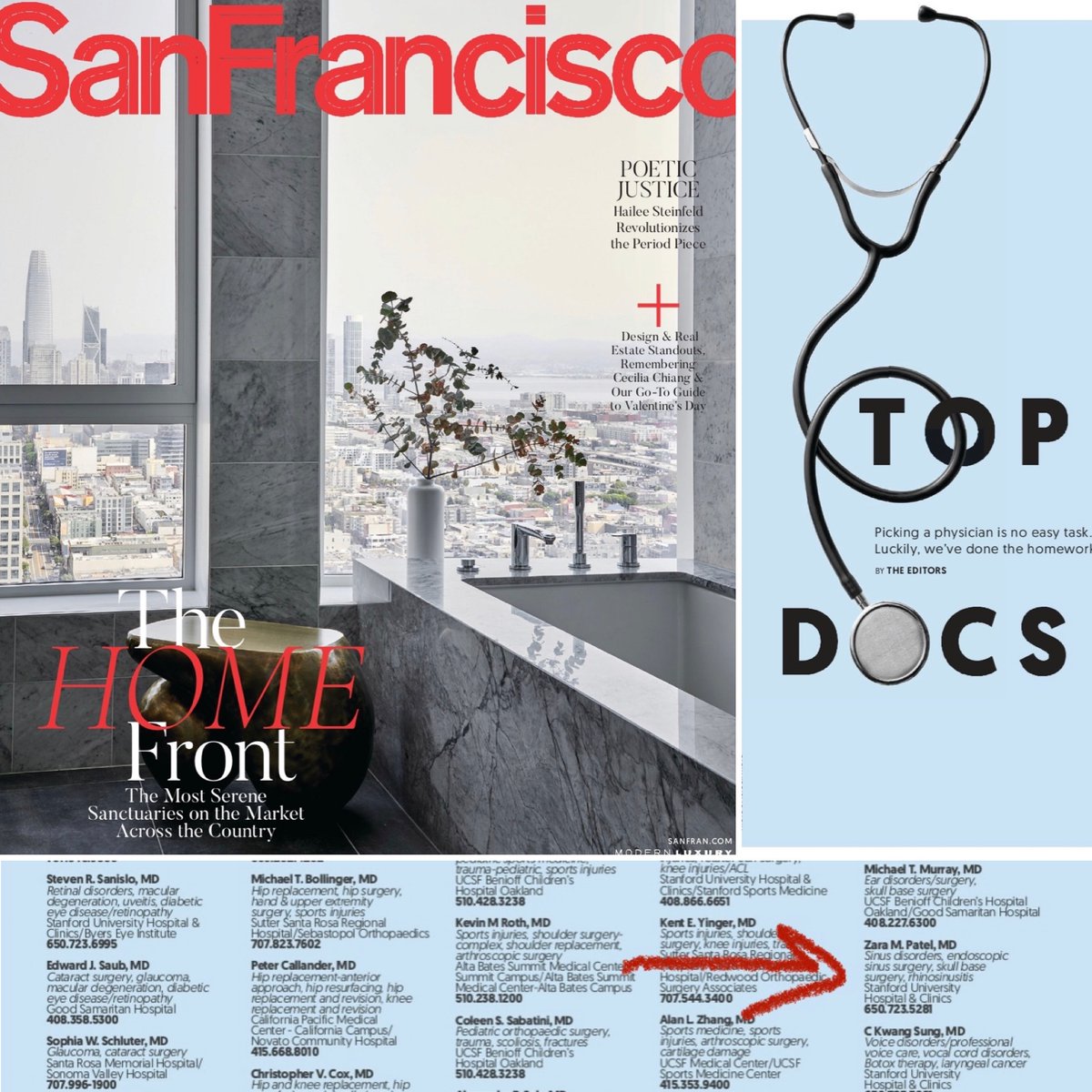 Proud of our very own Dr. Jackler, Dr. Holsinger <a href="/HNSurgeon/">Dr. Chris Holsinger</a>, Dr. Patel <a href="/zarapatel_md/">Zara M. Patel, MD</a>, Dr. Sung, Dr. Most and Dr. Pepper who were chosen  by <a href="/SanFranciscoMag/">SanFran Magazine</a> out of the hundreds of otolaryngologists (ENT surgeons) here in the Bay Area as Top Docs!👩🏻‍⚕️🎉