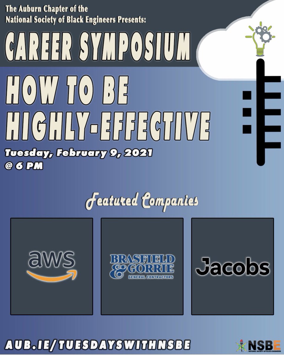 AU_NSBE's tweet photo. Along with NSBE Week, we will also have a symposium meeting TOMORROW at 6:00 pm. Company representatives from Amazon, Brasfield and Gorrie, and Jacobs will be in attendance. Use the link on this flyer or in our Instagram bio to register for this General Body Meeting. https://t.co/shyvxusmUf
