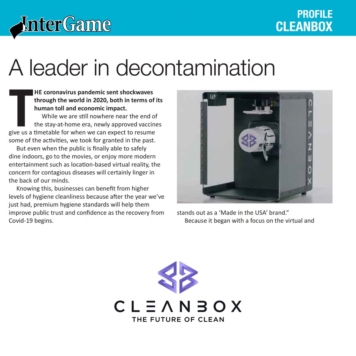 cleanboxtech's tweet photo. In 2020 #Cleanbox expanded its product line from 1 product in 10 countries to 3 product lines in 36 countries and 41 states in the U.S. Learn why Cleanbox is a leader in decontamination. https://t.co/ArAd5xlBfi #VR #AR #XR #CleanboxClean #TheScienceOfClean @intergamefun https://t.co/u3NT8uNUpA