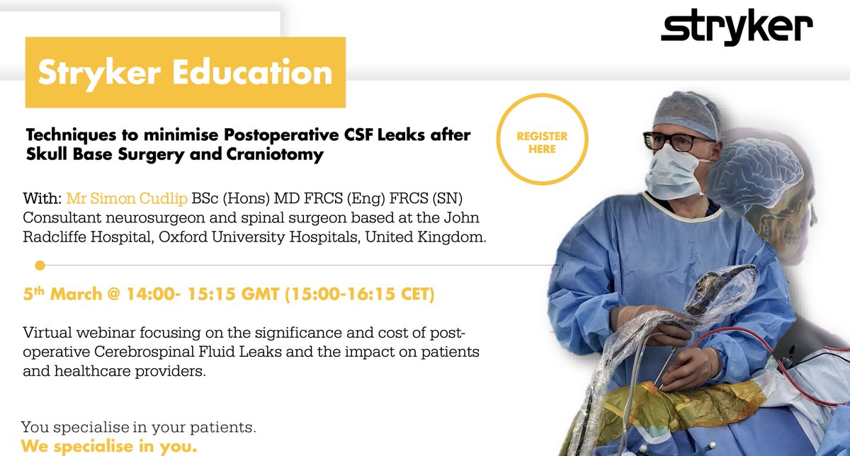 ukneurosurgeon's tweet photo. I'm giving a webinar on preventing CSF leaks after skullbase (esp endoscopic) and cranial surgery with @StrykerNS 

Come and learn from my mistakes and hopefully together we can minimise this ongoing challenge

https://t.co/RmScVJbe4Y

@e1v1m1 @realbrainbook #Neurosurgery #MedEd https://t.co/UMHo3EcNaF