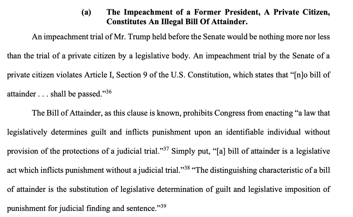 Again the brief confuses impeachment (happened while Trump was president) with the trial.The final days of a presidency pose a special danger to democracy and transfer of power. No way did the drafter carve this time out as an exception to accountability.12/