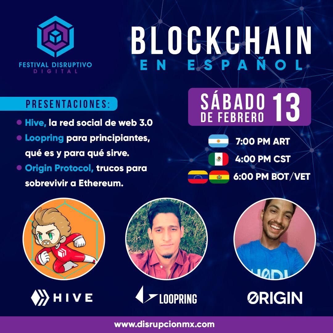 DisrupcionMx's tweet photo. #Blockchainenespañol es un #encuentrovirtual, usando #realidadvirtual, donde líderes de proyectos comparten su conocimiento de #Blockchain.
⁠Registrate en: https://t.co/8vlCklOlGm

#InnovaciónInmersiva⁠ #DisrupcionMx⁠ #Loopring⁠ #Hive⁠ #OriginProtocol⁠ #Bitcoin⁠ #Money⁠ https://t.co/u6VGUL6UCn