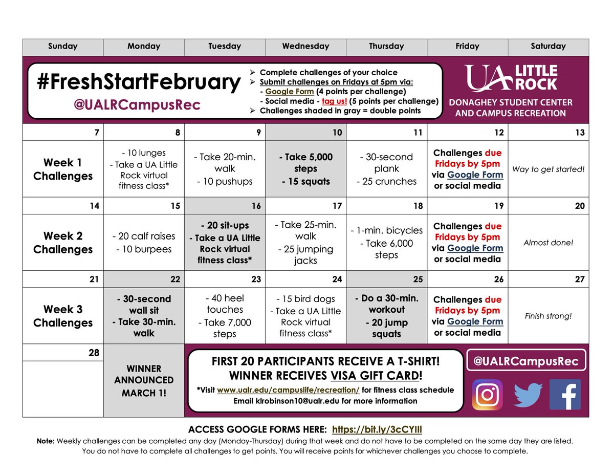 UALRCampusRec's tweet photo. FREE T-SHIRTS! First 20 participants will get shirts and the winner will receive a VISA gift card!#FreshStartFebruary starts today! Click the link to access the Google Forms! https://t.co/ZJnXoFZJtY https://t.co/UTaqg11tzL