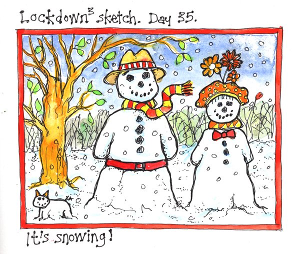 MaureenMace's tweet photo. Lockdown3 sketch. Day 35.
It has been snowing most of the day but not enough has settled to make a snowman. So here is how my snow people would have looked....
#Lockdown3 #lockdownsketch #lockdown2021 #sketch #drawing #drawingoftheday #snowing #snowman https://t.co/XiRME8ZiwA