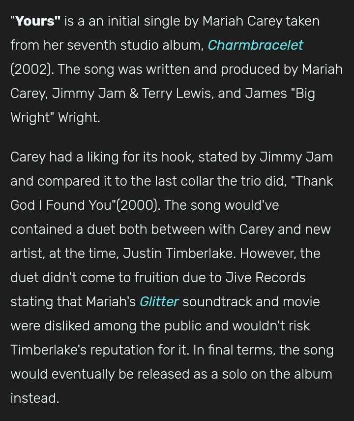 him and mariah were originally going to duet on what eventually became "yours" on the charmbracelet. rumor has it he didn't want to be associated with her post-breakdown, but then tried to convince her to release it after the success of TEOM (something i believe he would do)