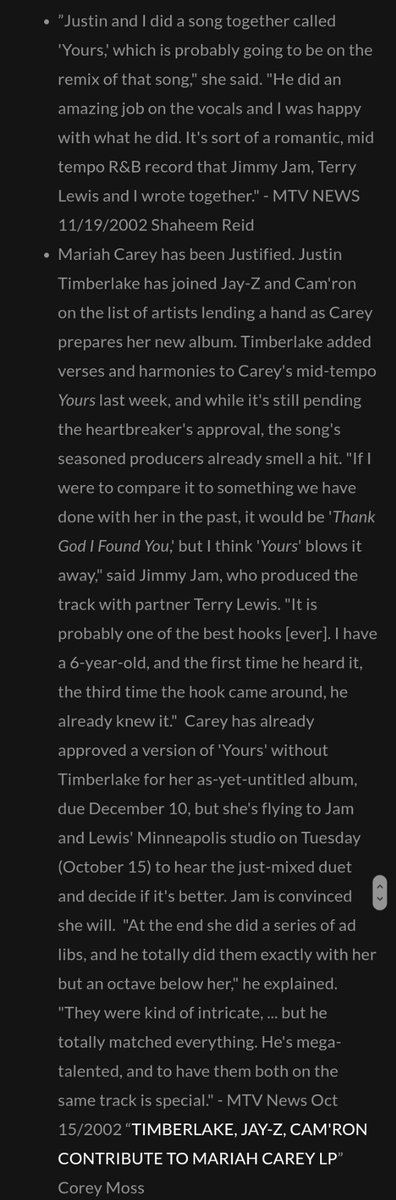 him and mariah were originally going to duet on what eventually became "yours" on the charmbracelet. rumor has it he didn't want to be associated with her post-breakdown, but then tried to convince her to release it after the success of TEOM (something i believe he would do)