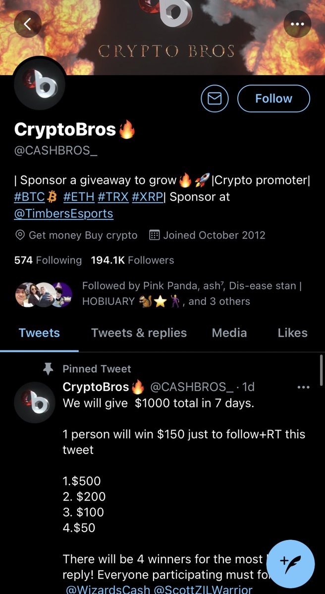 If you need more proof about btshistory in particular, read the bio of the account they were asking people to follow. “Sponsor a giveaway to grow” they’re being promised money and/or crypto in exchange for promoting a GA