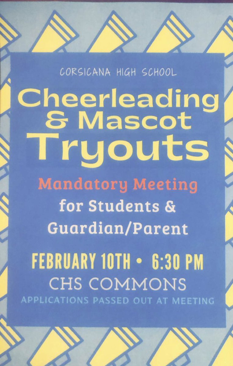 Interested in being a cheerleader or mascot? Join us this Wednesday at 6:30 in the commons! This is a MANDATORY meeting! So stop by to get your application and learn a little about how tryouts will be!
💛💙#TCC