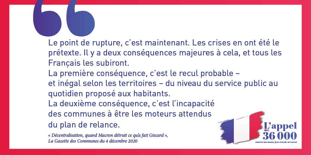 Avez-vous lu " Décentralisation, quand Macron détruit ce qu'à fait Giscard", par La Gazette des Communes du 4 décembre 2020 ? Une lecture très intéressante ! 

Retrouvez sur appeldes36000.fr