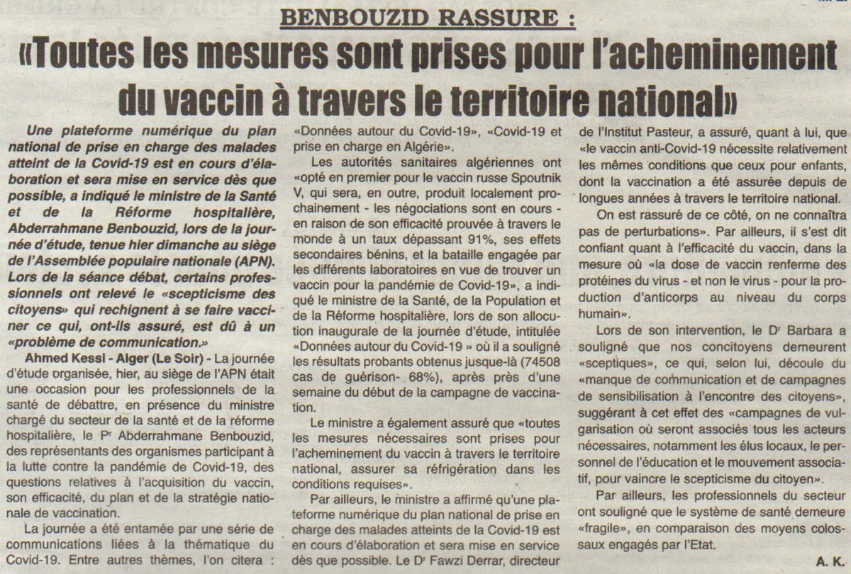 UNOPdz_'s tweet photo. Benbouzid rassure : "Toutes les mesures sont prises pour l'acheminement du vaccin à travers le territoire national" -Le Soir d'Algérie
#Algérie #UNOP #COVID19 https://t.co/xyyx9DjOCj