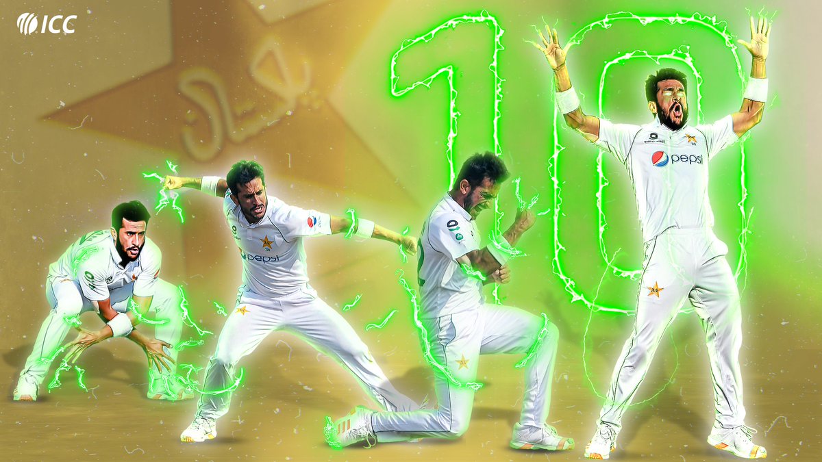 ICC's tweet photo. .@RealHa55an has power in his hands ⚡️

Career-best Test match figures of 10/114 and an iconic celebration to boot!

#PAKvSA https://t.co/h32RGjePfi