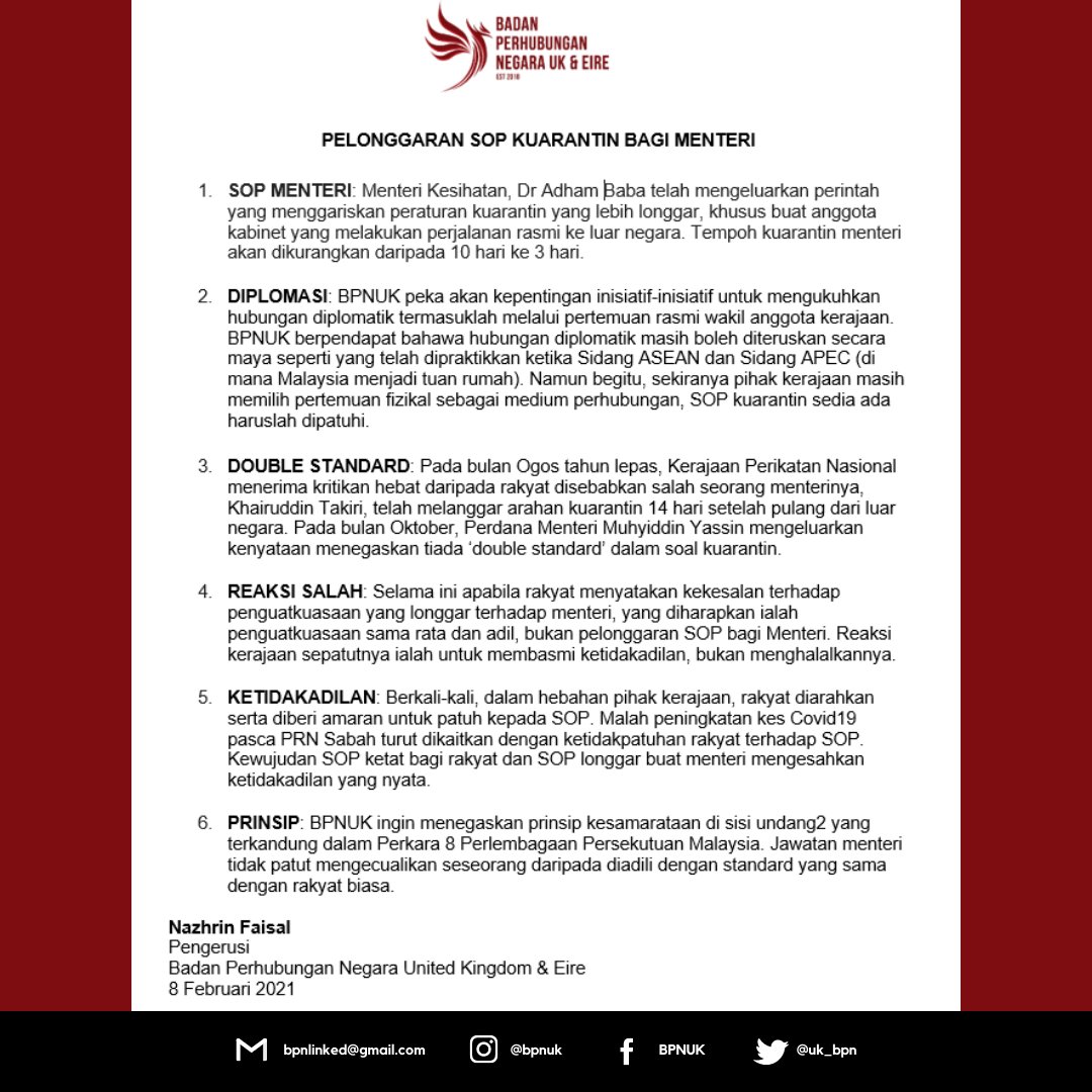 uk_bpn's tweet image. [KENYATAAN RASMI BPNUK: PELONGGARAN SOP KUARANTIN BAGI MENTERI]