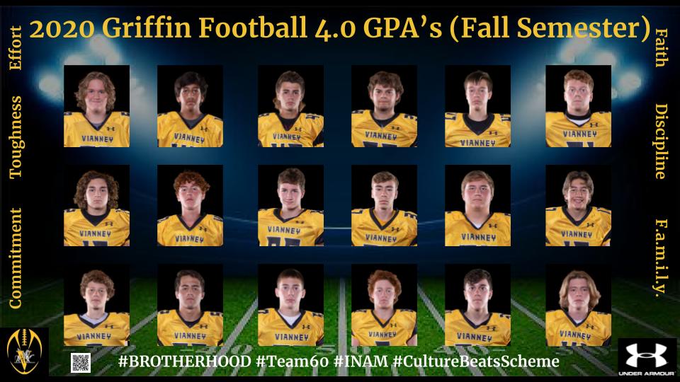 VianneyFootball's tweet photo. These 18 men, led by all 4 Senior Captains @JackBollinger5, @NLeddy1_55, @joeyl_16, &amp; @PetrusCole all earned GPA's of 4.0 or higher during the fall semester of 2020! Their dedication &amp; success with their academics speaks volumes about the character &amp; work ethic they possess! https://t.co/8KZSNXr4eP