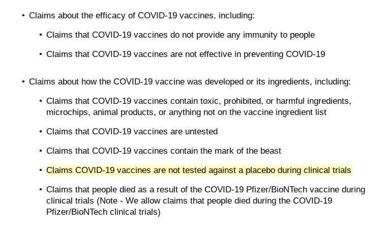 Looking at the list, Facebook may have to take down some current real news and public health statements, too. We have ongoing clinical trials with no placebo, for example. (UK heterologous prime boost trial) Also today's reports on ChAdOx1? May need to go under these guidelines.