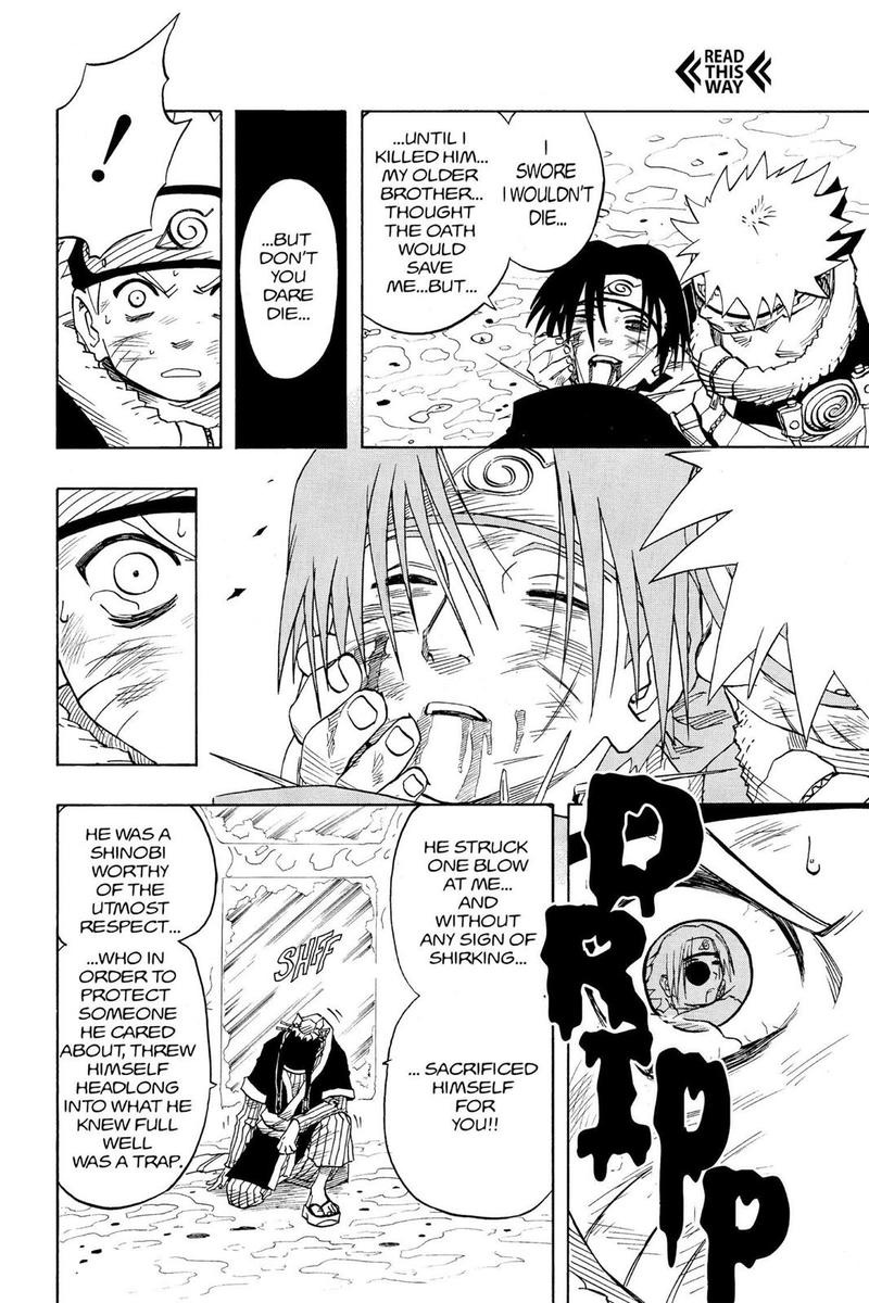 He risked his dream for Naruto, showing how much he cares for his comrade. This is the start of Sasuke's progression of power. This also shows that Naruto was more important to him than his revenge. His wavering heart not only shows his hypocrisy but the weakness he saw within.