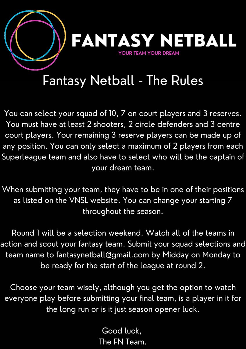FantasyNetball's tweet photo. Check out the rules for this seasons Fantasy Netball. Selection weekend is back to give you the chance to perfect your dream team. Point scoring to be revealed soon. #FantasyNetball https://t.co/xPfgrFNHrs