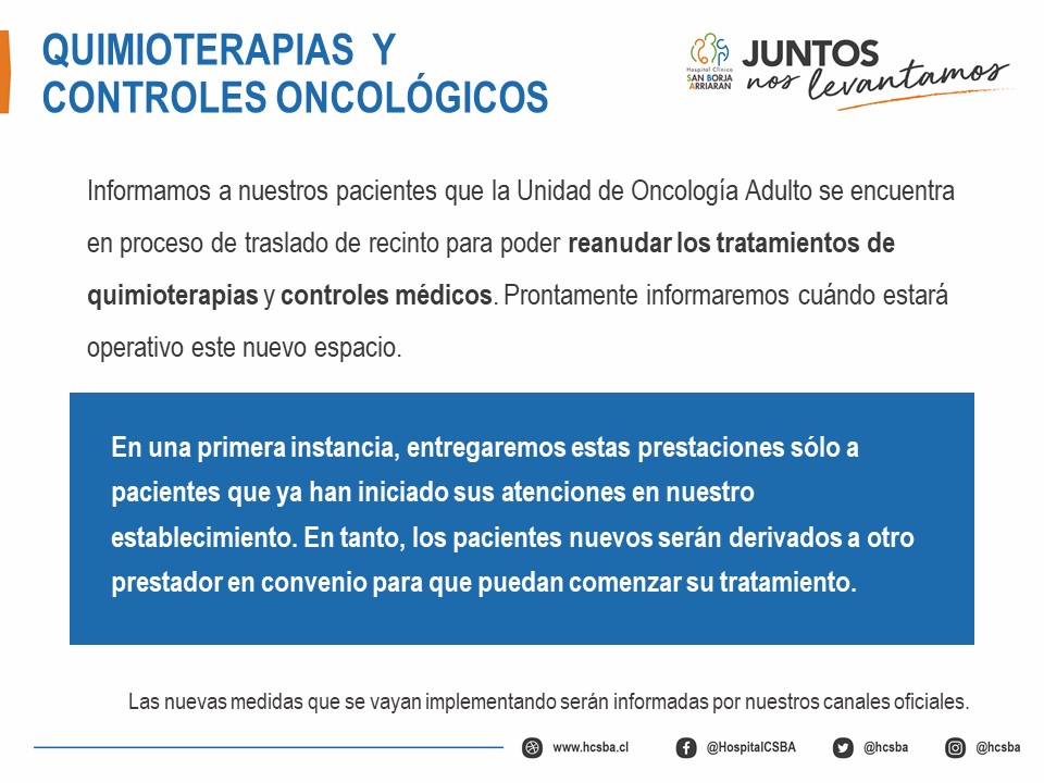 hcsba's tweet photo. Informamos a nuestros pacientes de la Unidad de Oncología Adulto que prontamente reanudaremos los tratamientos de Quimioterapia y controles médicos. Más información en la gráfica.
#JuntosNosLevantamos https://t.co/1TZJ4BHQgV