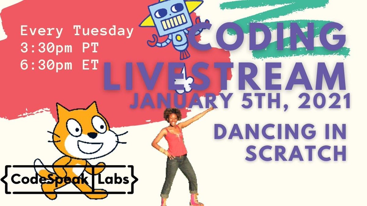 codespeaklabs's tweet image. This livestream is great for beginner game designers! 
Today, we&apos;ll do a deep dive into animations in Scratch. We&apos;ll draw a person, and then animate it to dance! Follow along with Coach Jangis! buff.ly/3niiLxp