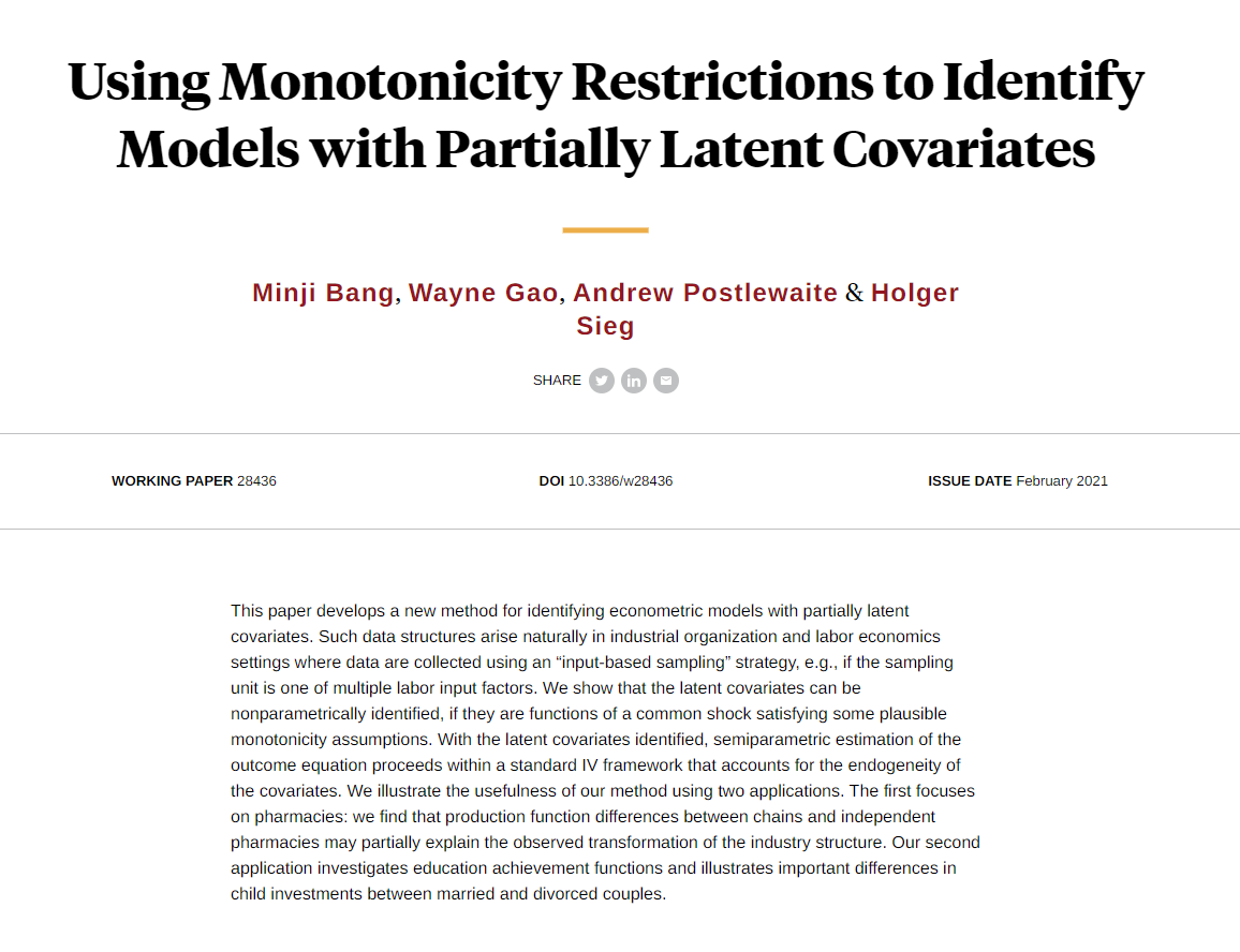 Latent covariants in econometric models can be nonparametrically identified if they are functions of a common shock satisfying some plausible monotonicity assumptions, from Minji Bang, Wayne Gao, Andrew Postlewaite, and Holger Sieg nber.org/papers/w28436