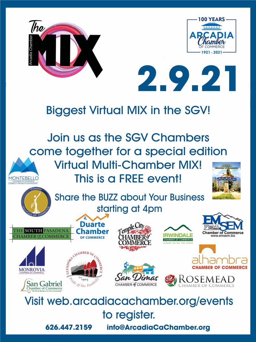 ArcadiaChamber's tweet photo. Join us for multi chamber virtual mixer on 2/9 at 4pm!
15 Chambers are and there are over 100 registered already. It’s going to be great networking, don’t miss out! And it’s FREE!
Register w/ link in our bio.
#arcadiachamber #multichambermixer #networking #businessnetworking https://t.co/HrVkJZPLE9