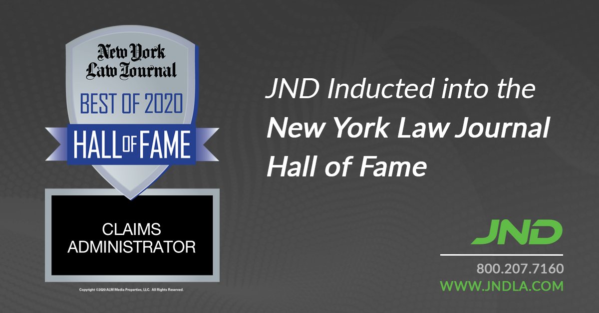 JND_LA's tweet photo. Thank you to the readers of the New York Law Journal for naming JND Legal Administration a 'Best Claims Administrator' three years in a row!  We are proud to have been inducted into the NYLJ Best of 2020 Hall of Fame.
https://t.co/xGiFtwQ2AM
#JNDLA #NYLJ #Bestof2020 #HallofFame https://t.co/8HEsJyeDjy