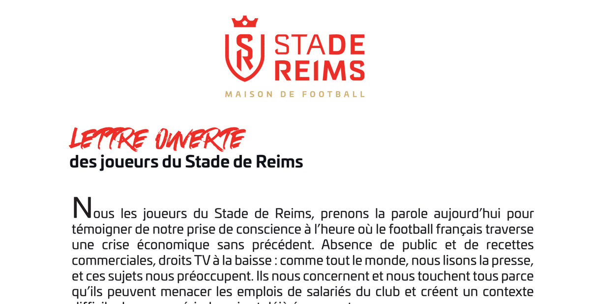 Les joueurs du <a href="/StadeDeReims/">Stade de Reims</a> signent une lettre ouverte pour expliquer la baisse de leurs salaires #FBsport 
francebleu.fr/sports/footbal…