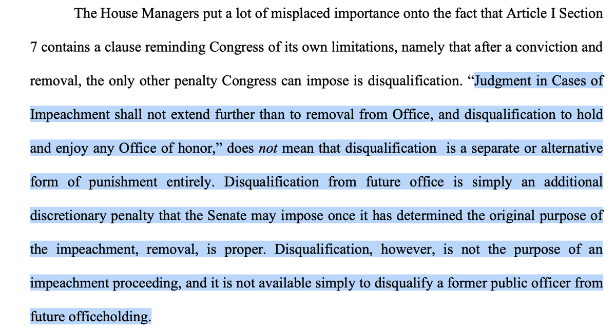 The argument that disqualification as a penalty cannot be imposed if the president can't be removed(As if the framers were totally cool with last minute attempts to overthrow an election and stay in power.) Q for Republican Senators: Are you okay with that reading?17/