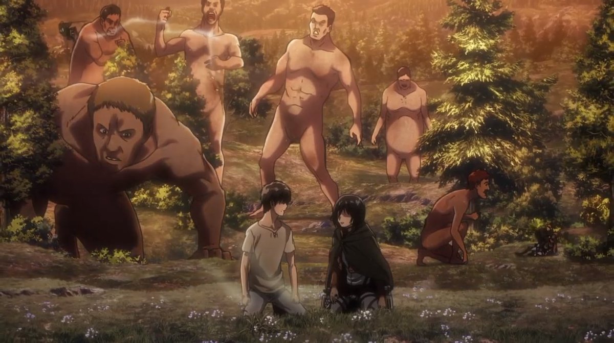 so what does this have to do with eremika? remember the scene where a titan was closely watching them which was kinda odd because titans are known to be very aggressive and attacks humans as soon as they've sensed them. as far as we know, ymir has the ability to manipulate titans