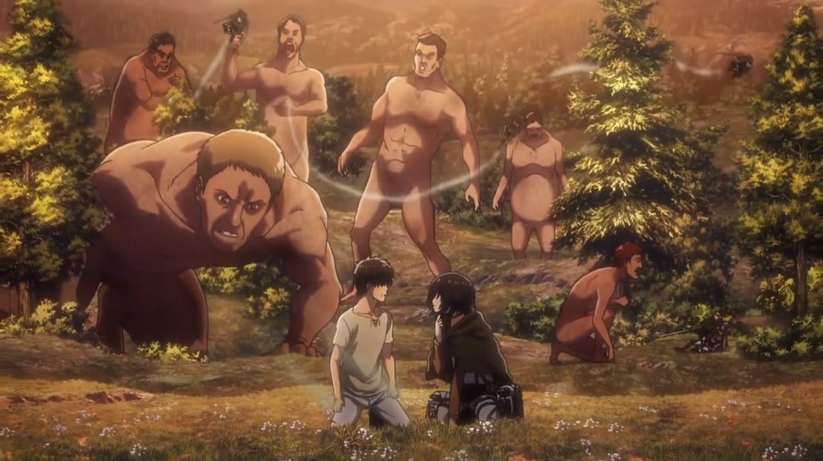 so what does this have to do with eremika? remember the scene where a titan was closely watching them which was kinda odd because titans are known to be very aggressive and attacks humans as soon as they've sensed them. as far as we know, ymir has the ability to manipulate titans