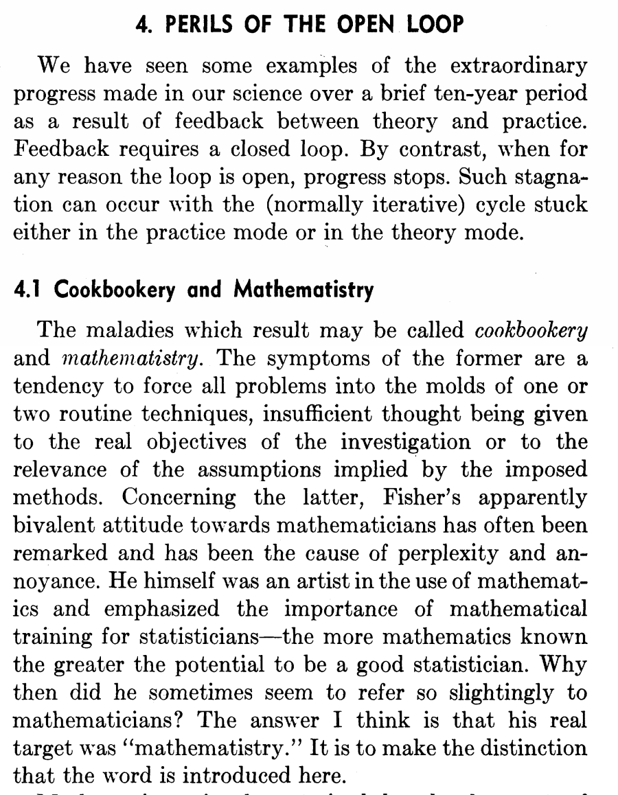 finally, what happens when we DON'T have a proper feedback loop between theory and practice? Half the people do cookbook stuff, the other half mathematistry.