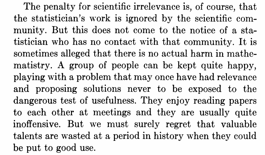finally, what happens when we DON'T have a proper feedback loop between theory and practice? Half the people do cookbook stuff, the other half mathematistry.