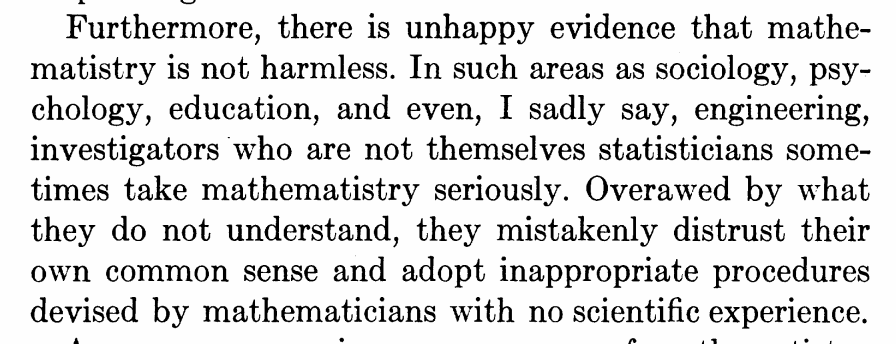 finally, what happens when we DON'T have a proper feedback loop between theory and practice? Half the people do cookbook stuff, the other half mathematistry.