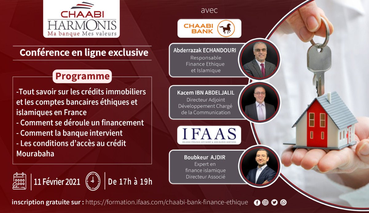 Ne manquez pas le prochain RDV en ligne de l' <a href="/Ifaasgroup/">IFAAS Group</a> avec comme invité exclusif la Chaabi Bank pour parler de #financeislamique en France : formation.ifaas.com/chaabi-bank-fi…