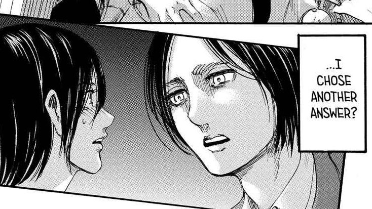 it was as if everything was waiting for eren to use the coordinate. so in connection with the ending, some people expect another eremika confrontation which ymir has yet to witness. will mikasa be able to change anything like what was emphasized in 123? what will her role be?