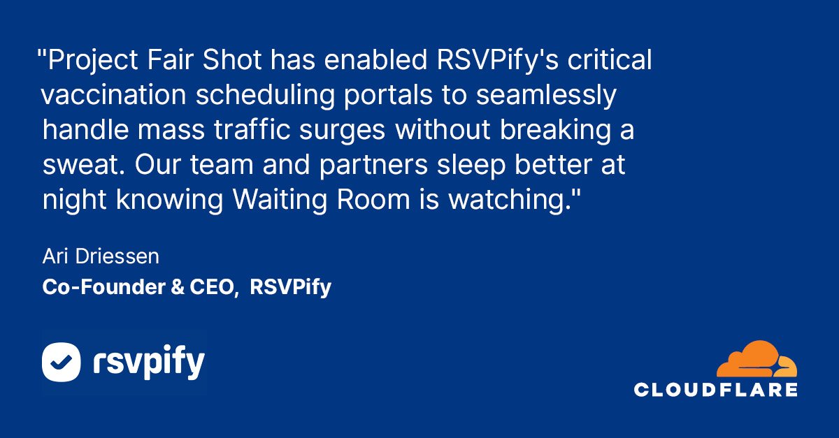 Cloudflare's tweet photo. #ProjectFairShot helping @RSVPify handle traffic surges in vaccination registrations. Learn more: https://t.co/CoqBSLtM7J https://t.co/5acZGxKvZB