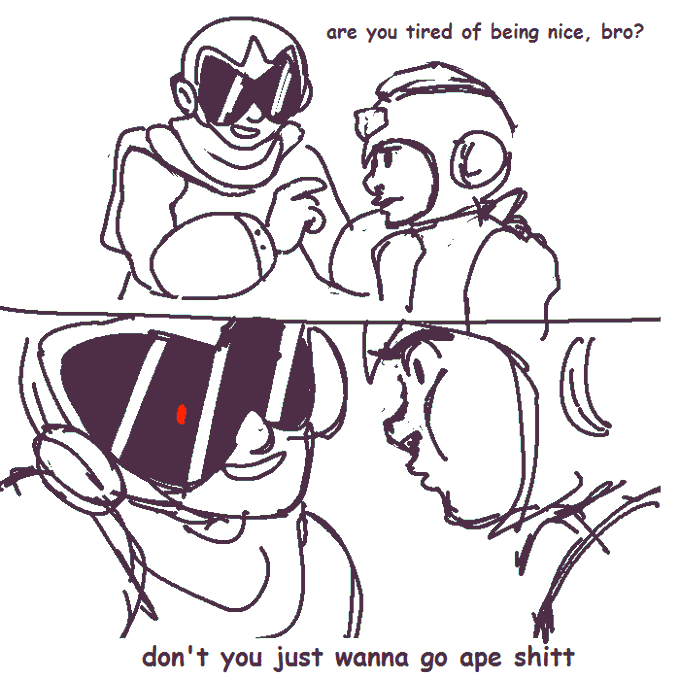 every time proto man tries to recruit mega man in ruby-spears adaptation it looks like this 