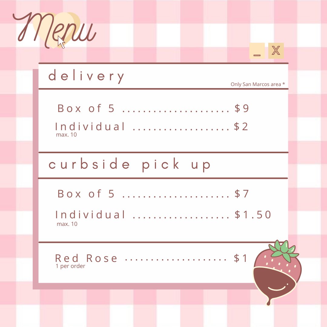 TXSTFSA's tweet photo. Valentine’s Day is coming soon ❤️and TXST FSA wants to send you and your lover some chocolate sweets!! 🍓🍫

https://t.co/HOOpduSo2Z

- Delivery and pick up will be available on February 13th (must be in the San Marcos area)
🌹If you have questions, contact our fundraising chairs https://t.co/SpuJqPfXLk