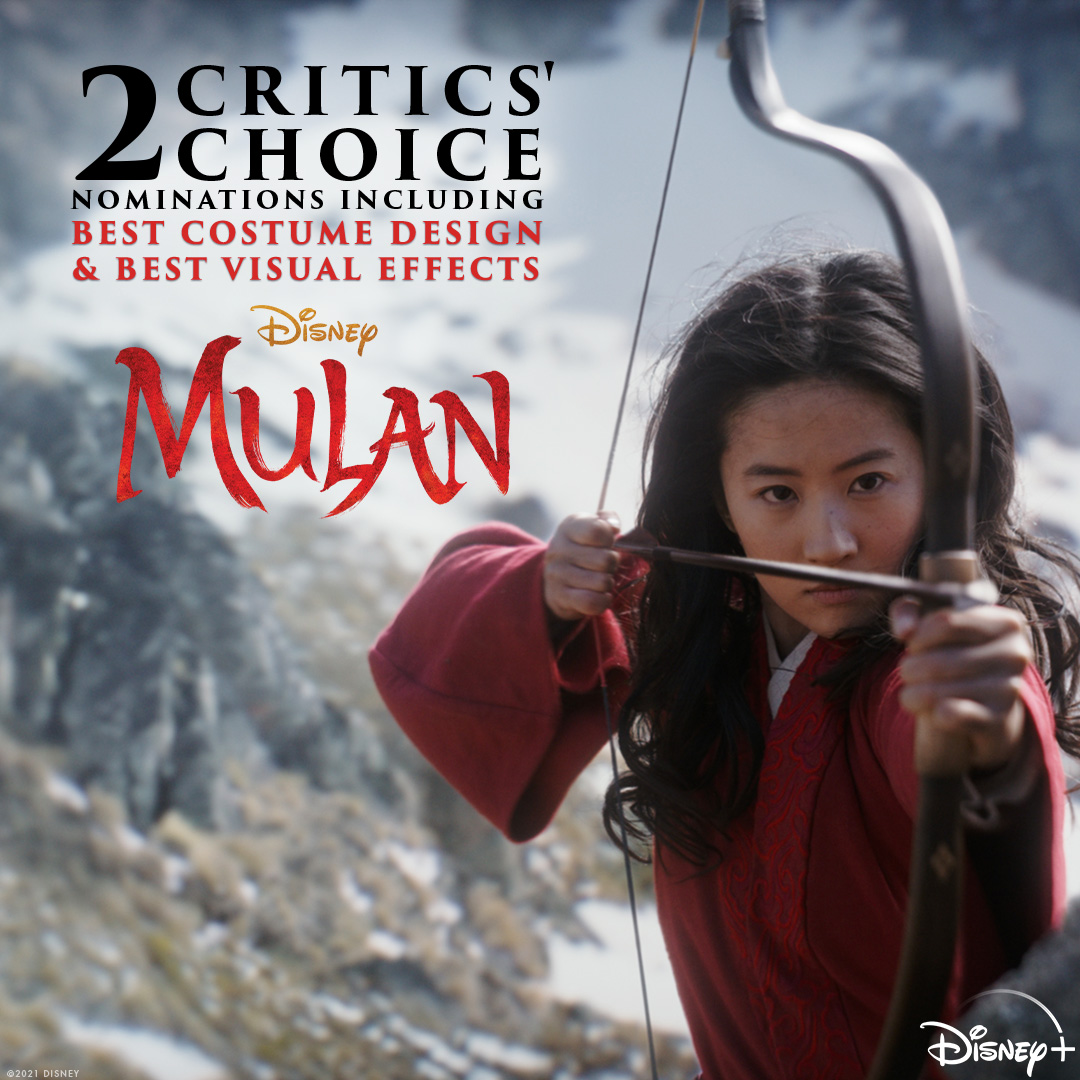 #Mulan has been nominated for 2 Critics’ Choice Awards; congratulations to Bina Daigeler for Best Costume Design and to Sean Faden, Anders Langlands, Seth Maury, and Steve Ingram for Best Visual Effects!