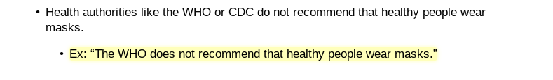Oh, the irony: about six months of my life was eaten up by trying to convince WHO that healthy people *should* wear masks and now Facebook will ban the following as misinformation. (Now, it is indeed false). Not so irony: we'll ban whatever WHO disputes for now not an ideal rule.