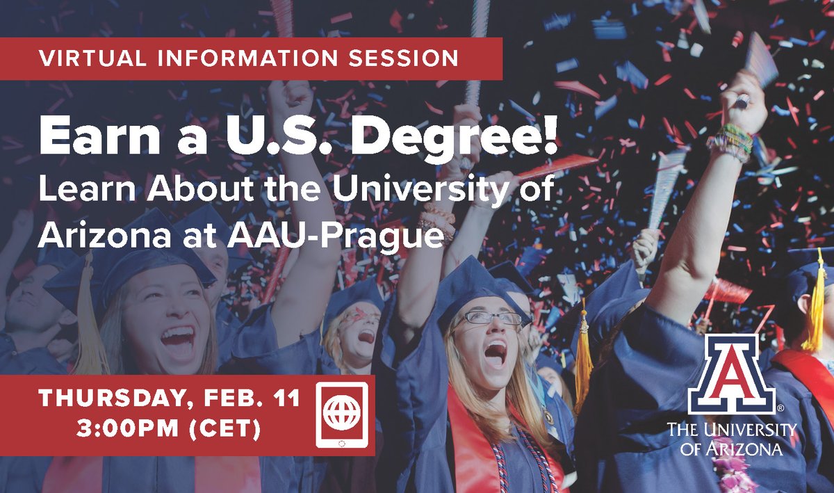 uazglbladmit's tweet photo. Earn a world-class U.S. degree with the University of Arizona in Prague! Virtual ℹ-Session Thurs. 11 Feb. at 15:00 CET. Learn about our fully online &amp; customized degree paths offered through @AAUPrague  Go to 🔗https://t.co/SrtRtflJQ5 https://t.co/FtMrZ4BfFB