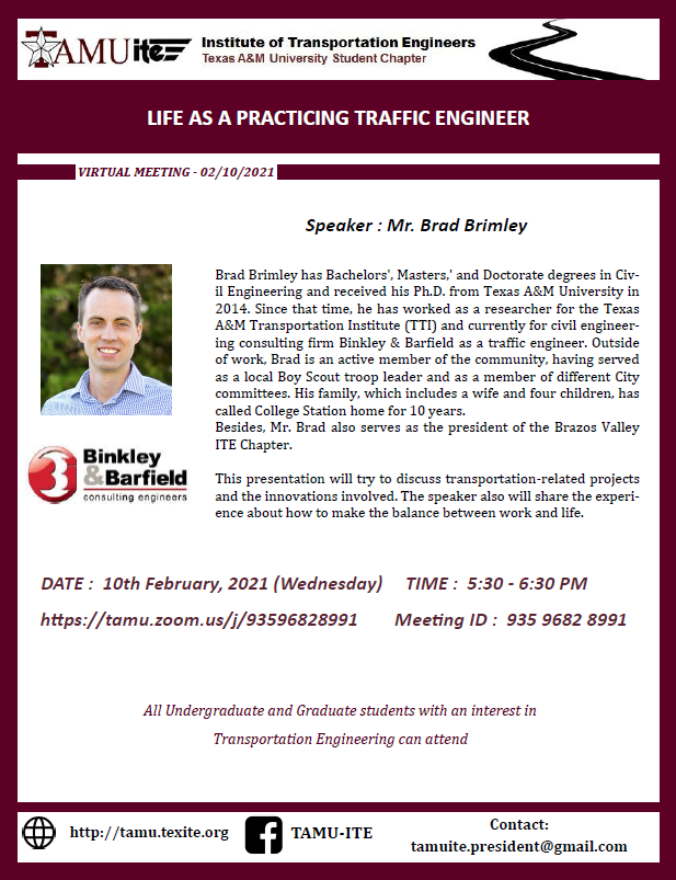 TAMUite (@itetamu) on Twitter photo Join us for the second general meeting on Feb 10th at 5:30 pm with Mr. Brad Brimley from civil engineering consulting firm Binkley & Barfield.
Zoom link:tamu.zoom.us/j/93596828991
Meeting ID: 935 9682 8991
<a href="/TAMUCVEN/">TAMU Civil & Environmental Engineering</a>
<a href="/TAMUEngineering/">TAMU Engineering</a> Join us for the second general meeting on Feb 10th at 5:30 pm with Mr. Brad Brimley from civil engineering consulting firm Binkley & Barfield.
Zoom link:tamu.zoom.us/j/93596828991
Meeting ID: 935 9682 8991
<a href="/TAMUCVEN/">TAMU Civil & Environmental Engineering</a>
<a href="/TAMUEngineering/">TAMU Engineering</a>