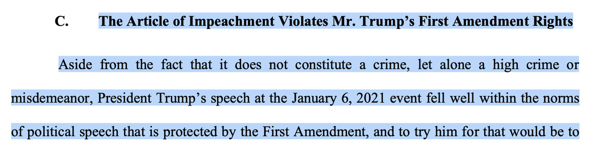 Now we come to the claim that the impeachment violates Trump's free speech rights. The First Amendment protects citizens from the government so arguably has no place in an impeachment proceeding in which a government official is accused of trying to remain in office.19/