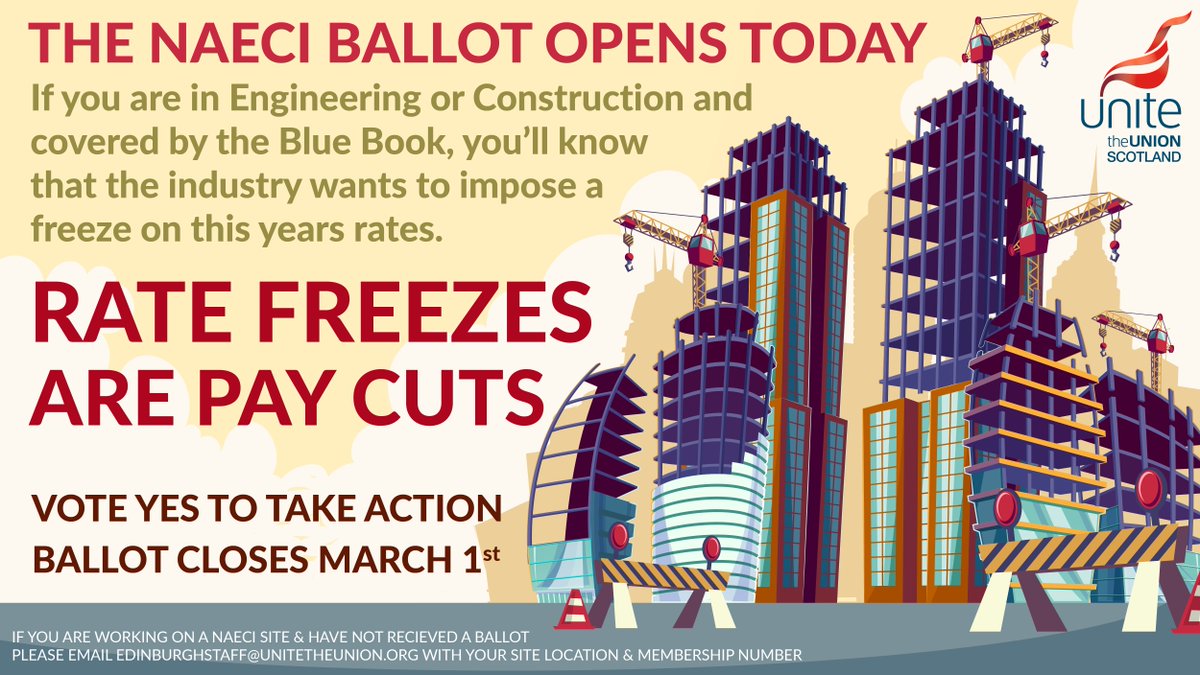 Hard working #NAECI members (Engineering & Construction covered by the Blue Book) have been told that the industry want to impose a pay freeze. We are calling on our members to push back & vote YES to taking industrial action. Vote by 1st of March 🗳️